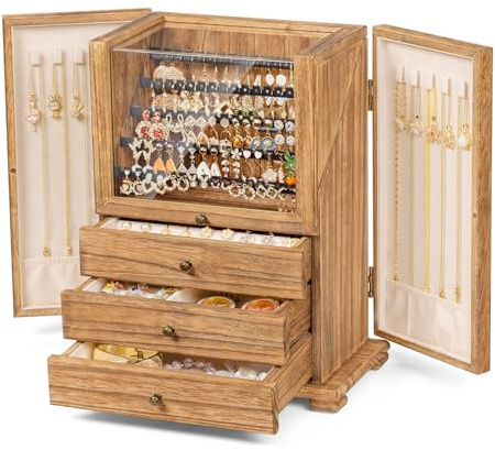 Srillollar Jewelry Box Organizer, Rustic Wooden Jewelry Boxes for Women Girls, Large Storage Earring Holder Organizer Display for Earrings Necklaces Rings Bracelets (Rustic Brown)