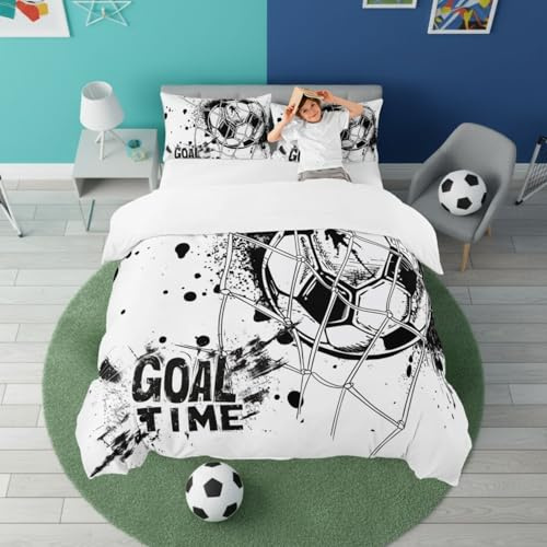 Homewish Football Cot Duvet Cover Set Black White - Kids Boys Soccer Themed Bedding Set with 1 Pillowcase - Football Print Quilt Cover for Teen Bedroom Decor - Ball Sports Game Bed Sets