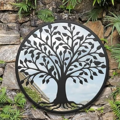 New Beautiful Bronze Finish Metal Forest Outdoor Wall Mirror, Creates A Stunning Effect Against a Wall or Fence, Ideal for Garden, Easy to Hang, A Great Way of Spreading Light in Enclosed Spaces.