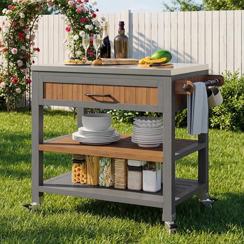 Xwiny Gartenschrank aus Holz, Outdoor Wetterfest Geräteschrank, Mobiler Outdoor-Schrank mit Großer Arbeitsfläche & Schublade, Grillstation mit Verstellbaren Regalen, 80x51x91.5 cm, Massivholz