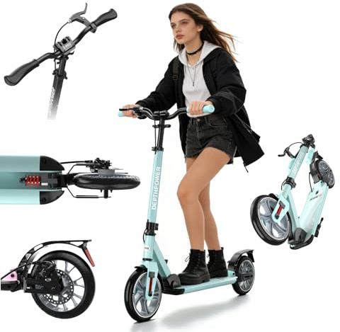 Tretroller Erwachsene bis 150 kg, mit 230 mm Rädern | ABEC-9 - höhenverstellbarer - Cityroller großräderig - Scheibenbremse Stoßdämpfer, Scooter ab 8 Jahren - Jugendliche