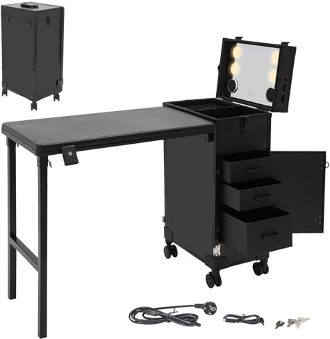 Kosmetikkoffer Nageltisch Maniküretisch, Faltbar Maniküre Tisch mit 3 Schubladen, LED Spiegel & Schlüssel, Multifunction Kosmetik Koffer Friseurkoffer, Schminktisch mit 4 Rollen, bis 50kg (Schwarz)
