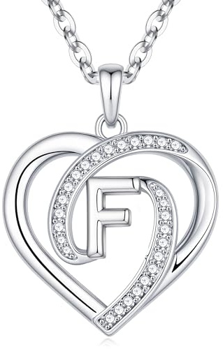 Turandoss Kette Herz Damen Halskette Silber - 14K Weißgold Vergoldet Herz Zirkonia Anhänger Kette mit F Buchstaben Damen Jahrestag Geburtstag Geschenk für Frauen Freundin Mama Mädchen Schmuck