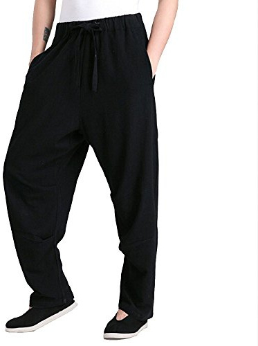 ZooBoo Men's Martial Arts Pants Kung Fu Linen Trousers Tang Suit Pants (S, Black)