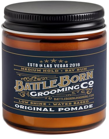 Battle Born Grooming Co Original Pomade for All Hair Types, Bay Rum, 4 oz., Medium Hold, Low Shine, Natural Ingredients, Water Based