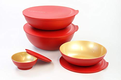 Tupperware Allegra - Cuenco para Almacenamiento (5,0 L, 3,5 L, 1,5 L, 275 ml), Color Rojo y Dorado