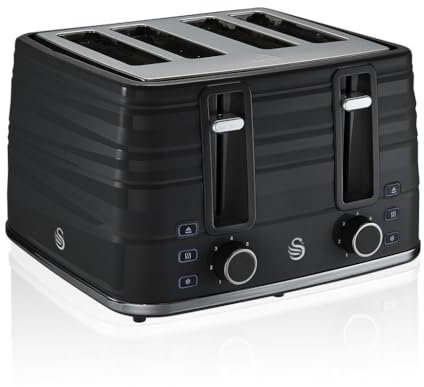 Swan ST31054BN 4-Slice Symphony Toaster, Black, Defrost, Cancel and Reheat Functions, Independent Browning Controls
