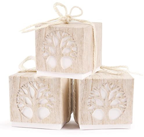 FLOFIA 50pcs Geschenkbox Schachtel Lebensbaum Geschenkschachtel Kraftpapier Süßigkeiten Karton Klein mit 50x Jutekordel Bonboniere Kasten 5x5x5CM DIY Kommunion Taufe Hochzeit Deko Weiß