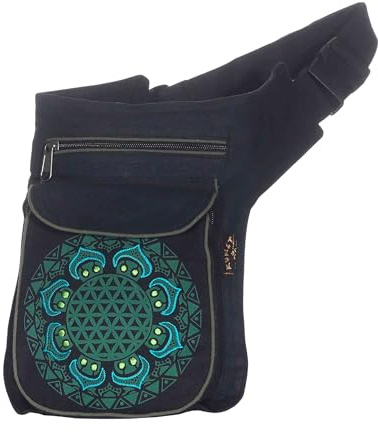 Kunst und Magie Hüfttasche Bauchtasche Gürteltasche Bauchgurt Festivaltasche Blume des Lebens, Farbe:Schwarz/Grün
