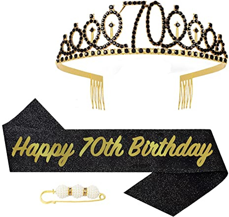 POPOYU Krone und Schärpe, Tiara Schwarz Gold für 70Geburtstag, Kopfbedeckung für Geburtstagsgeschenk Partyzubehör