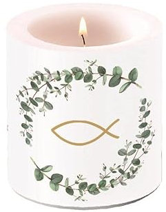 Stumpen-Kerze Windlicht Christen-Fisch Botanical Eukalyptus in weiß grün & Gold Tisch-Deko Kommunion Konfirmation Firmung Taufe Junge & Mädchen Kirchliches Fest Dekoration