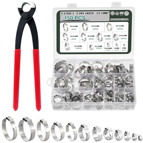 Knpwer 150 Stück 304 Edelstahl Einzelohr Stufenlos Schlauchschellen Set,6-33.1mm 12 Größen Crimp Schlauchschellen Sortiment Kit,Ohr Cinch Ringe Crimp Pinch Fitting Tools