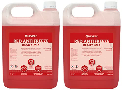Hexeal Red Antifreeze 10L – 2 x 5L of Ready Mix Long Life Engine Coolant & Antifreeze for Cars & Vans – Summer & Winter – All Year Freeze Protection to -23 Degrees Celsius