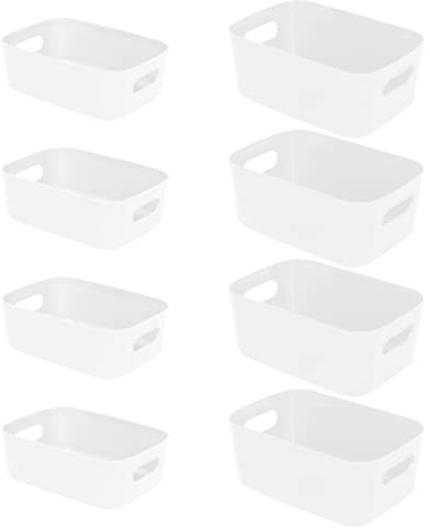 8 Pack Plastic Storage Basket, White Storage Boxes, Open Storage Bins | Stackable Storage Box for Shelves, Durable Cupboard Organiser for Home Kitchen, Cupboard, Bathroom, Livingroom Organizer
