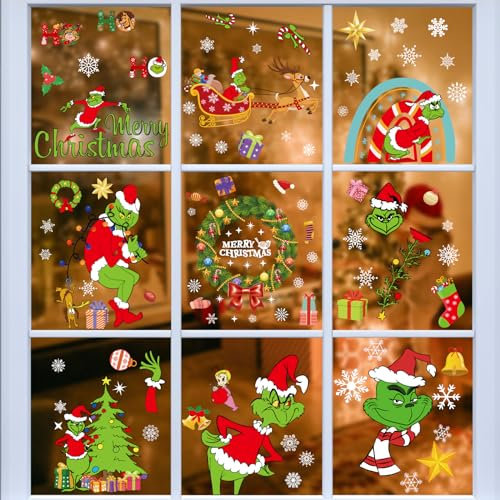 AUAUY Christmas Window Stickers, 8 Sheets 116pcs Grinch Merry Christmas Window Clings Sticker, Reusable Children's Window Film, Double-Sided Static Adhesive PVC Stickers for Glass Windows Decoration