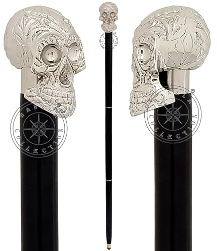 Hanzla Collection Gehstock mit Totenkopf-Design, Holz, Vintage-Geschenk für Männer und Frauen, Totenkopf-Griff, Gehstock, Hartholzschaft, massiver Messinggriff, Gehstock, Schädelknauf, geschnitzter