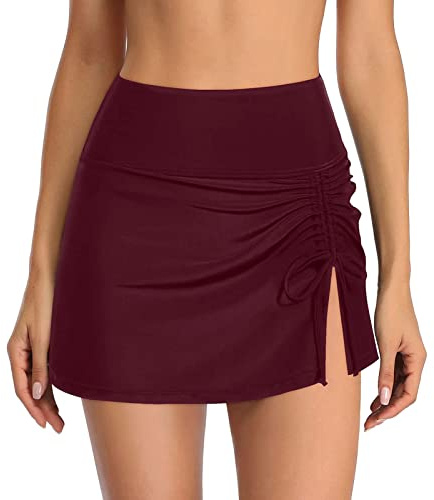 Jupe de bain taille haute pour femme - Jupe de bikini pour femme - Short de yoga - Jupe de bain deux pièces avec bas de jupe, bordeaux, M