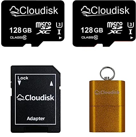 Cloudisk Pack of 2 Micro SD Card 128GB Flash Memory Card Micro SDXC with SD Adapter and Card Reader, C10, A2, U3, UHS-I (128 GB)