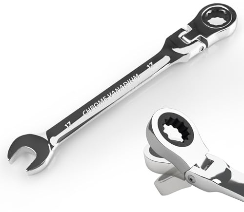 Egofine Llave de trinquete de 17 mm, cabeza flexible, llave combinada de trinquete métrica, llave de engranaje de grado industrial con extremo de caja de 12 puntos, trinquete de 72 dientes, acero al