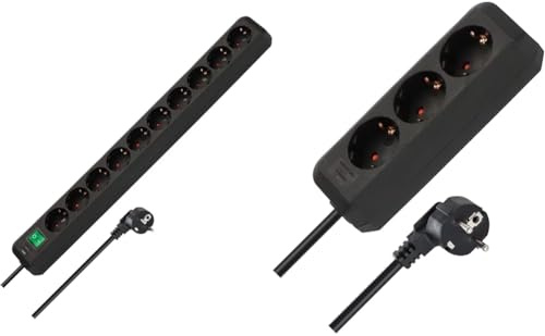 Brennenstuhl Eco-Line Steckdosenleiste 10-Fach & Eco-Line Steckdosenleiste 3-Fach (Mehrfachsteckdose mit erhöhtem Berührungsschutz und 1,5m Kabel) schwarz