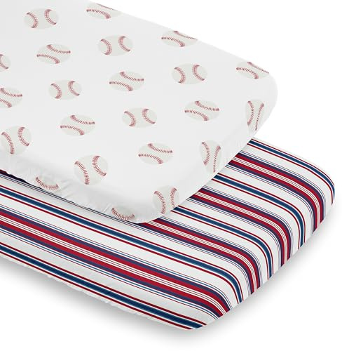 Sweet Jojo Designs Baseball Sport Jungen Baby Stubenwagen Spannbettlaken-Set für Säugling Neugeborene Kinderzimmer Oval Rechteck Sanduhr-Matratze – 2p – Rot Weiß und Blau gestreift Americana Sports