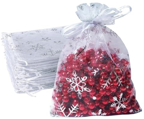 100 Stück Weiß Silber Organzasäckchen Weihnachten Geschenkbeutel, 9x12cm Kleine Geschenk Organzabeutel Organza Beutelchen mit Kordelzug Sie als Hochzeit Bonbonsbeutel, Schmuckbeutel, Geburtstag