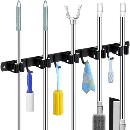 ECHOBUY soporte escobas Besenhalterung Wand - Set mit 5 Haltern + 4 Haken, Schwerlastfähiger Gerätehalter, Selbstklebend oder mit Nägeln Einbaubar, ideal als Besenhalter und für andere Gartengeräte