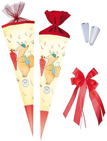 Nestler School Cones Set for Filling, Handmade Cardboard Sugar Cone - Motif School Fox, School Cone, Lace Protection, Bow Mr & Mrs Panda (Red, 70 cm Round)