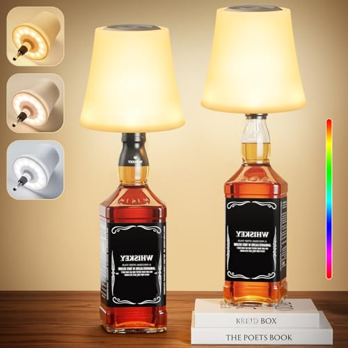 2 Piezas Lámparas para Botella Sin Cable, Lampara LED de Mesa Inalambrica con 3 Temperaturas Color+RGB, Brillo Regulable Recargable USB-C, IP54 Impermeable para Restaurante (Sin incluir Botellas)