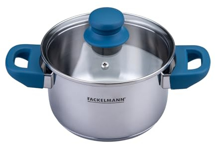 Fackelmann Kochtopf Essential Ø 16 cm, Edelstahl, mit ergonomischen Bakelit-Griffen, für alle Herdarten geeignet, mit Literskala, Blau