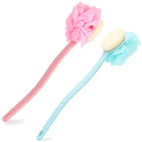 2 Pack Body Shower Brush Back Scrubber, Long Handle Bath Brush with Soft Mesh Sponge for Women, Men, Elderly Skin Exfoliating Bath, Massage (Blue, Pink)