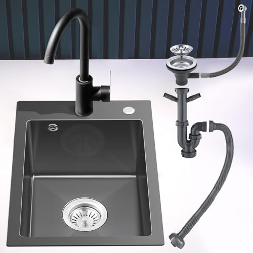 ROVOGO 50 x 35 cm Evier Cuisine en Acier Inox Noir, Kit de Vidage d'évier de Cuisine avec Trop-plein, Évier de Cuisine avec Trous pour Robinet et Distributeur de Savon, Lavabo Cuisine 1 Bac