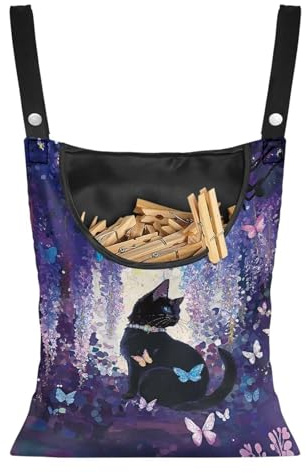 Buxolandt Clothespin Bag,Black Cat Print Clothes Peg Bag Clothes Peg Holder with Hanging Hooks Hanging Reusable