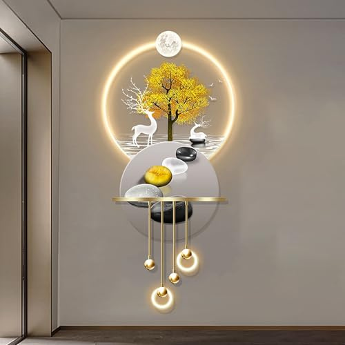 3D Relief LED Decorative Painting,Creative landscape modern home decor landscape wall sculpture,crystal porcelain wall art,3D Wall Art for Home Entrance Corridor Bedroom(K,157*70cm/61.8*27.5in)