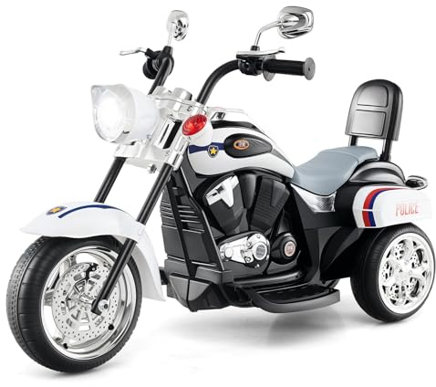 COSTWAY 6 V elektrisk motorcykel barn med justerbar strålkastare, trehjuling, elmotorcykel med ljud | tuta | backspegel | pedaler, hastighet 2,5–3 km/h (vit, polis)