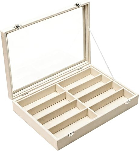 Skdqiee Sunglass Organiser, Velvet Glasses Organiser, 8-Slot Sunglasses Tray with Clear Lid, Sunglasses Box for Home Use or Store Shop Selling Show(Beige,35 x 24 x 6 cm)