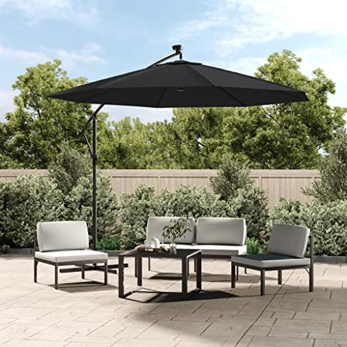 Ampelschirm LED 300 cm Schwarz Stahl-Mast UV-Schutz Polyester Garten Terrasse Außenbereich Terrassenüberdachung Sonnenschutzgewebe Sonnensegel Kurbelmechanismus