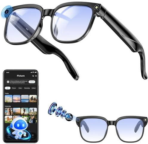 Occhiali Smart con Fotocamera 8MP,Smart Glasses AI,Occhiali Intelligenti con Fotografia/Registrazione/Chiamate Intelligenti/Musicale/Traduzione/Riconoscimento Immagini, Blu