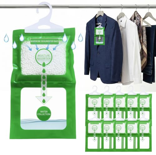 Hanging Dehumidifier Bags with Built-In Hook - Moisture Trap Wardrobe Dehumidifier Hanging Bags Absorbs 300ml - Stops Mould - Disposable Dehumidifiers for Home, Wardrobe, Bedroom, Caravan (PACK OF 10)
