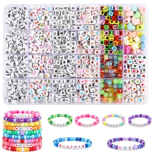 LEMONSTONE 1100 Stück Buchstabenperlen zum Auffädeln, Alphabet Perlen Set mit Herzen & Sternen, Acryl Buchstabenperlen für Armbänder Selber Machen, Perlen Set für DIY Schmuckherstellung