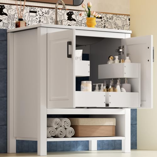 Easexcy Weißer Freistehender Waschtisch Komplett, Badschrank mit Keramikwaschbecken, Doppeltüren, Seitenfächern & unterer Ablage für Hausbad und Gäste-WC