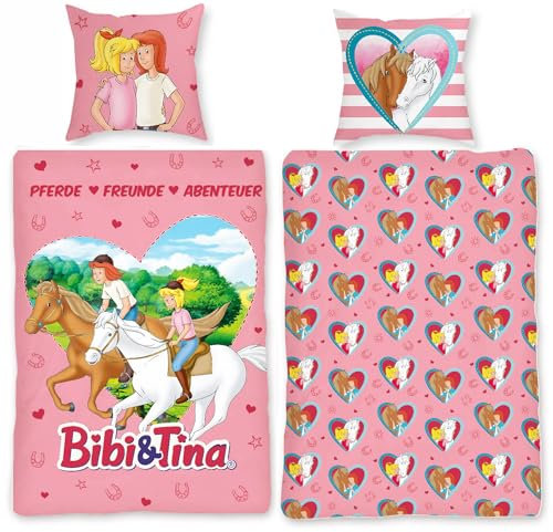 BERONAGE Bibi und Tina Kinder Wende-Bettwäsche Herz 135 x 200 cm + 80 x 80 cm - 100% Baumwolle Linon Renforcé Bibi Blocksberg Martin Pferde-Bettwäsche Sabrina Amadeus Deutsche Größe Reißverschluss
