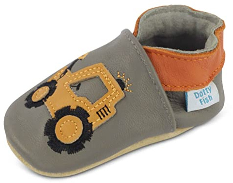 Dotty Fish Krabbelschuhe aus Leder – rutschfeste, weiche Sohle, Barfußgefühl, Lauflernschuhe & Babyschuhe für Jungen, Grau mit gelbem Bagger, 4-5 Jahre (28 EU)