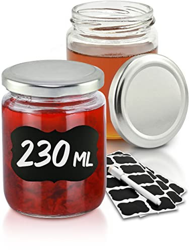 Praknu 25 Vasetti di Vetro per Conserve da 230ml - Con Etichette e Pennarello - Ermetici - Lavabili in Lavastoviglie - Ideali da Regalare