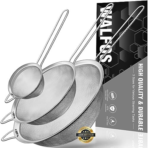 Walfos Metallsiebe und Siebe Set - Edelstahl Feinmaschiges Küchensieb, 3 Größen: 7.1 cm, 20.0 cm, 11.9 cm, spülmaschinenfest