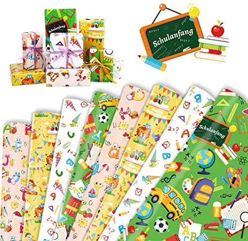 HOWAF 8 Bögen Geschenkpapier Schulanfang, Geschenkpapier Einschulung Hurra Schulkind Geschenktüte Geschenkverpackung Einschulung Deko für Schulanfang Geschenk Verpackung Dekoration, Mehrfarbig