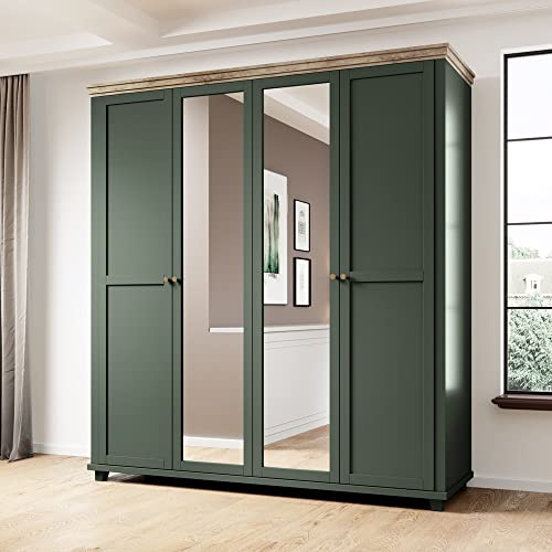 Lomadox Kleiderschrank Landhausstil 200 cm breit mit 2 Spiegeln, 4 türig, in grün mit Lefkas Eiche Nb., B/H/T: ca. 200/216/62 cm