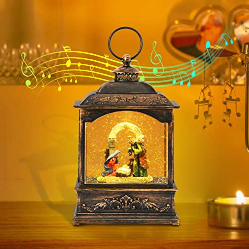 iLitLuk Globo de Nieve de Navidad Remolino de Purpurina Linterna Musical Belén Esferas Globo de Nieve Estilo Retro Girador de Agua Con Temporizador De 6-Hora Funciona Con USB Pilas(Excl.) 20cm de Alto