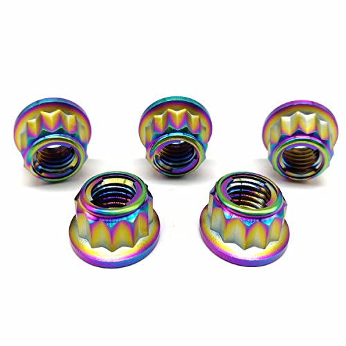 RISON-Titanium Dado in Titanio M6x1.0mm, Bi-Hex Dado Flangiato di Bloccaggio 12PT Controdado Dadi di Flangia Autobloccanti per Pignone per Bicicletta e Moto, Confezione da 5