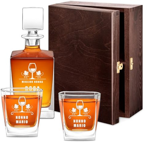 Maverton set Decanter da whisky con 2/4/ 6 bicchieri - incisione personalizzata - Caraffa vetro con tappo 810 ml - Bottiglia per whisky - pensiero originale donna - per compleanno - calice